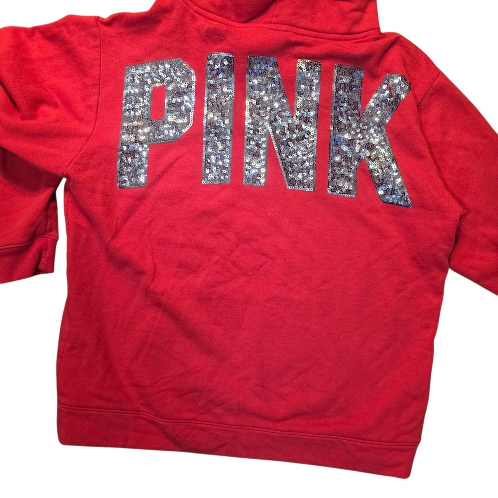 Victoria's Secret PINK Red Bling Sequin Logo Sherpa Lined Hoodie Sweatshirt LG